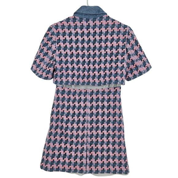 Sandro Amadora Dress Pink Blue Denim Trim Houndstooth Tweed Mini Pockets Size 4 - Picture 10 of 10